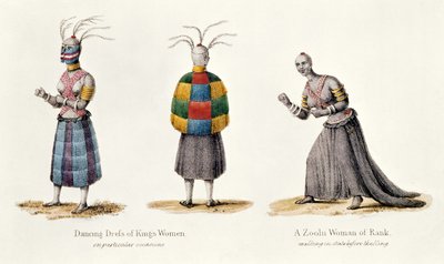 Dancing Dress of Kings Women and a Zulu Woman of Rank, illustrasjon fra Narrative of a Journey to the Zulu Country av A.F. Gardiner, 1836 av English School